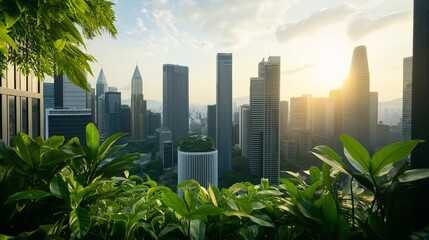 Urban Oasis: A sustainable city skyline framed by lush greenery, capturing the harmonious blend of nature and urban living at sunrise. 