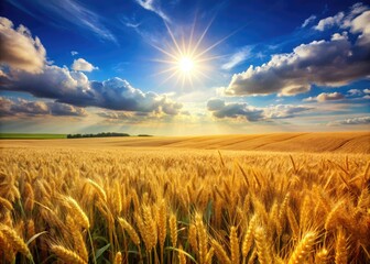 sun-kissed fields of golden wheat and oats stretching towards the horizon under a bright blue sky with a few wispy clouds on a warm summer day
