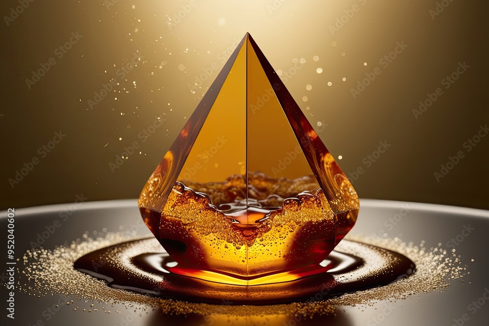 Poster captivating molten prism shape with surreal golden syrup and sparkling texture