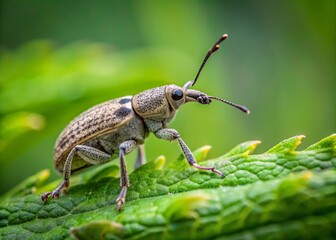 "a photo image of a curious anthrenus verbasci weevil on a leaf surrounded by subtle dark green foliage with a soft focus effect"