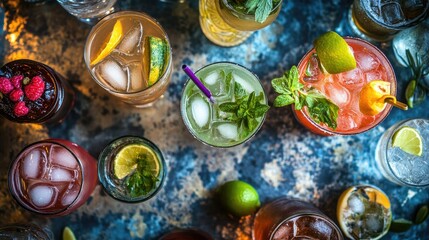 Fototapeta premium A top-down view of an assortment of popular cocktails on a bar counter, including mojitos, margaritas, and martinis, with garnishes and colorful decorations. -