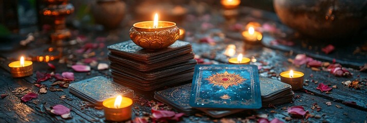 A mystical Halloween scene featuring candles, tarot cards, and rose petals, perfect for themed parties or spiritual events, with copy space.