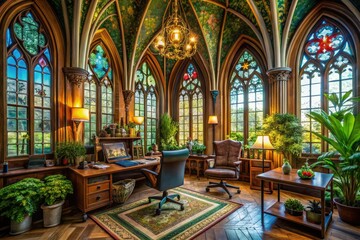 Obraz premium Whimsical bohemian office decor blends with intricate Gothic cathedral architecture