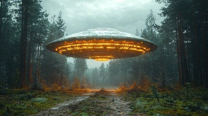 Obraz premium Eerie UFO hovering above a misty forest, perfect for Halloween designs, alien themes, and spooky events with copy space.