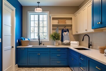 Fototapeta premium Contemporary Laundry Space Design in Bright Blue and Beige for a Tidy Home