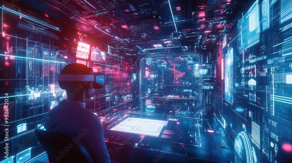 Poster a wide-angle view of a 3d virtual reality setup with a person wearing vr goggles and interacting wit