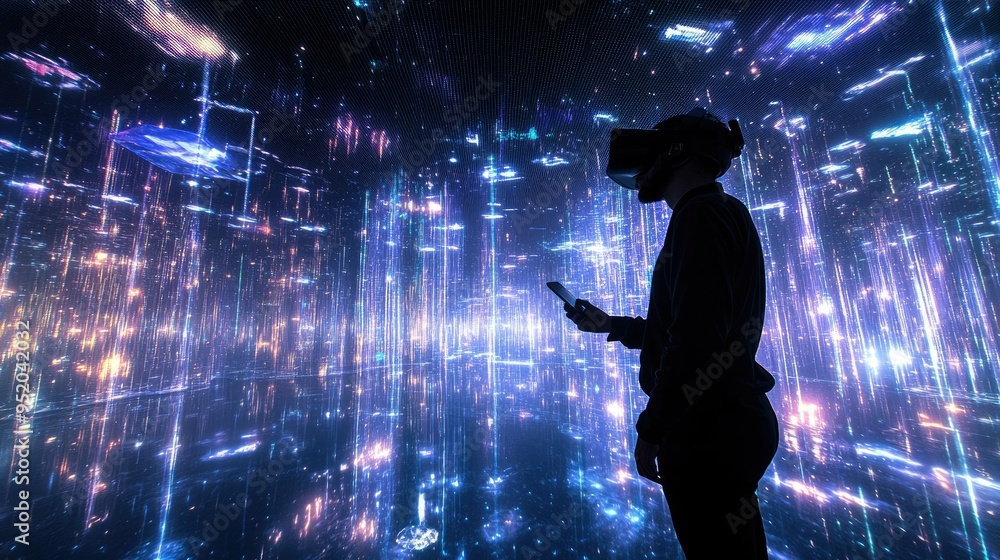 Poster a wide-angle view of a 3d virtual reality setup with a person wearing vr goggles and interacting wit