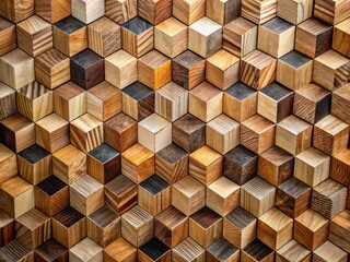 A stylized wooden backdrop with geometric patterns, created by meticulously arranged wooden blocks in varying shades and textures