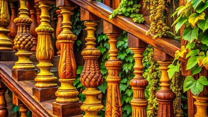 Fototapeta premium a photo image of intricately carved wooden balusters with warm hues of orange, yellow, and red, surrounded by vibrant green vines and natural textures
