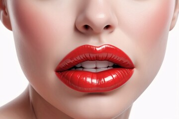 Fototapeta premium Close-up of red lips with glossy finish.