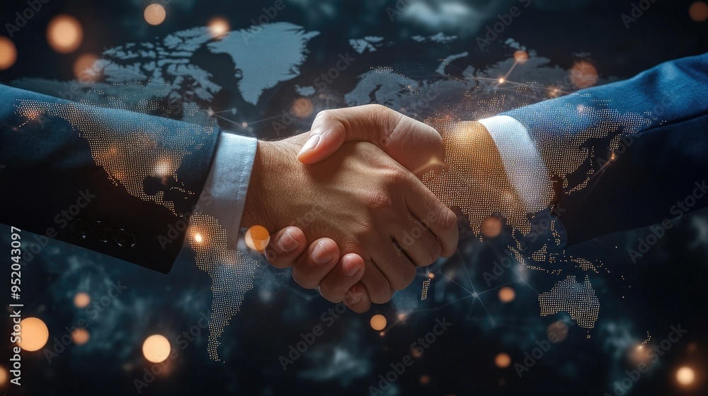 Poster businessman shaking hands for a successful investment deal in smart logistics. global network distri
