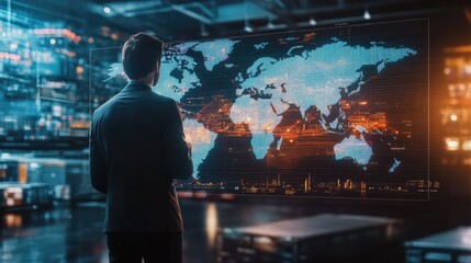 Businessman interacting with a smart technology interface, showcasing a global map with logistics distribution. Features air cargo, trucking, and rail transport systems.