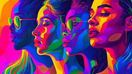 Colorful Vector Art Portrait of Diverse Women in Rainbow Tones Wearing Sunglasses