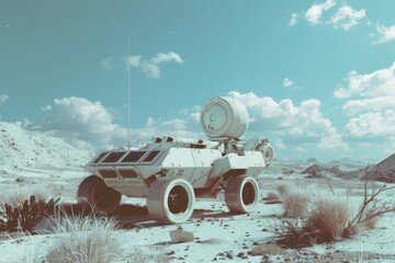 An advanced rover vehicle sits on a barren, rocky alien landscape, ready for exploration and scientific discovery under a bright blue sky.