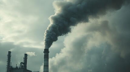 Close-up of smoke billowing from a factory chimney, with industrial structures in the background,