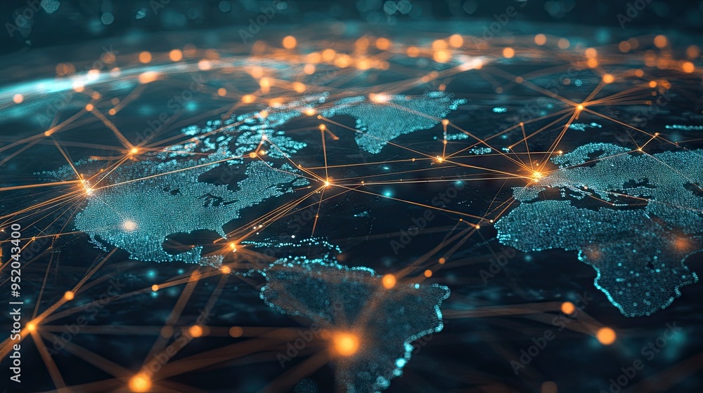 Poster concept of global technology connections with a web interface displaying interconnected networks and