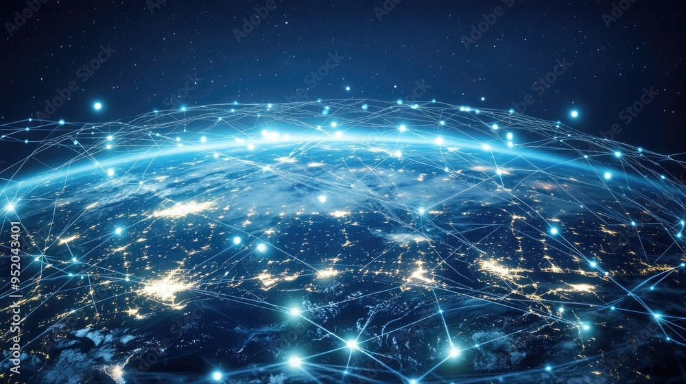 Poster concept of global technology connections with a web interface displaying interconnected networks and