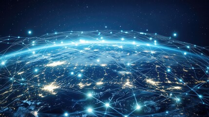 Concept of global technology connections with a web interface displaying interconnected networks and digital contact points. Visualization of international data links. -