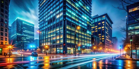futuristic neon nocturne highrise downtown washingtondc metropolitan city lights blurred motionfast paced urban dynamic modern contemporary sleek minimalist moody atmospheric misty night air