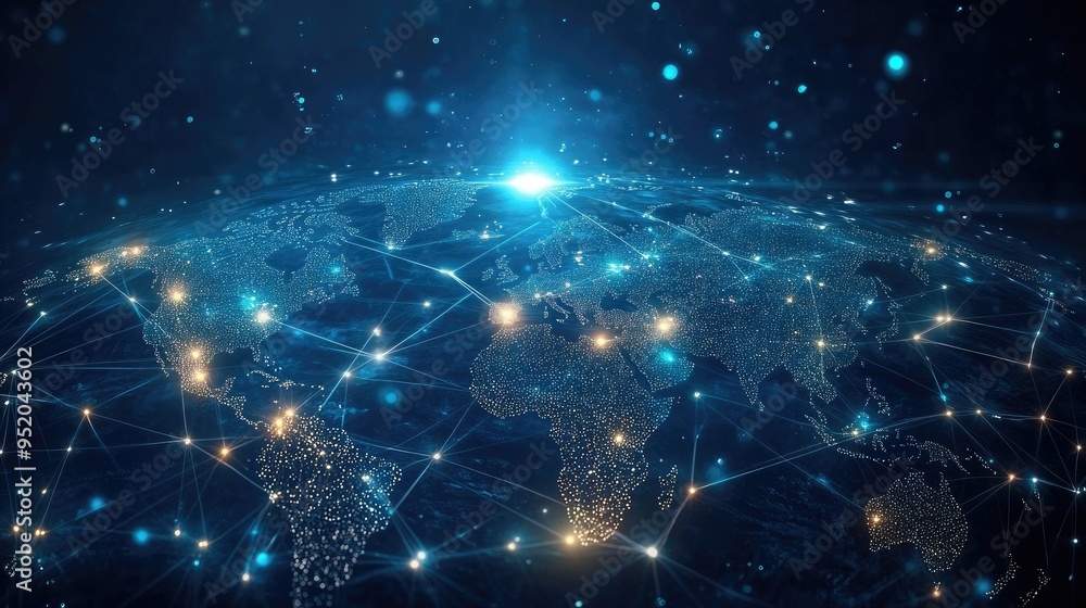 Poster digital interface illustrating global contacts and web technology connections. nodes and connections