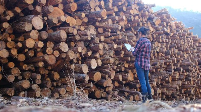 Forest engineer using tablet taking notes on deforestation, inspecting a large pile of cut tree trunks, environmental damage, illegal logging