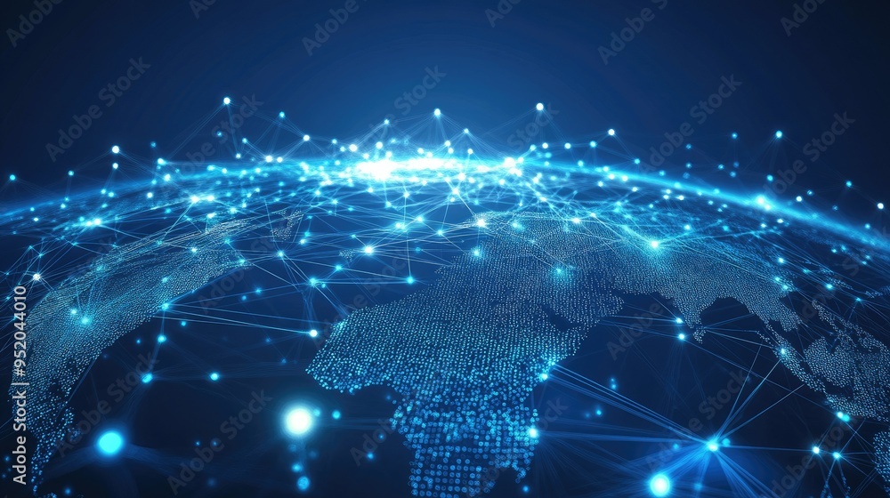Poster global connections web technology concept with a high-tech interface. data streams and network nodes