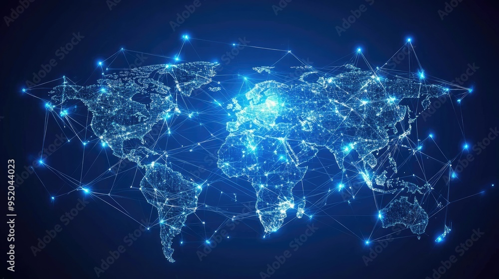Poster global connections web technology concept with a high-tech interface. data streams and network nodes