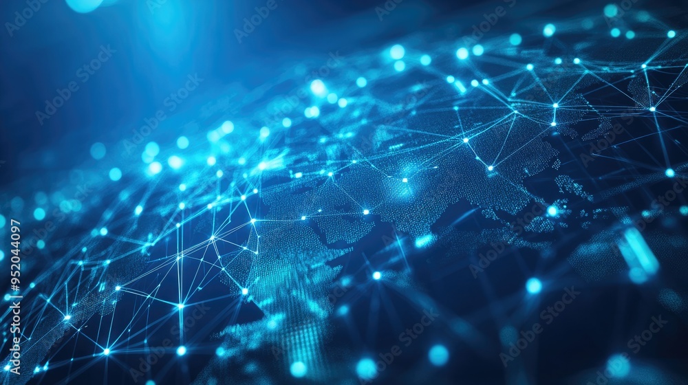 Poster global connections web technology concept with a high-tech interface. data streams and network nodes