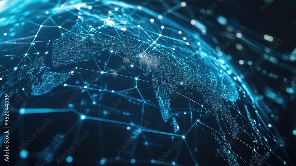 Poster global connections web technology concept with a high-tech interface. data streams and network nodes