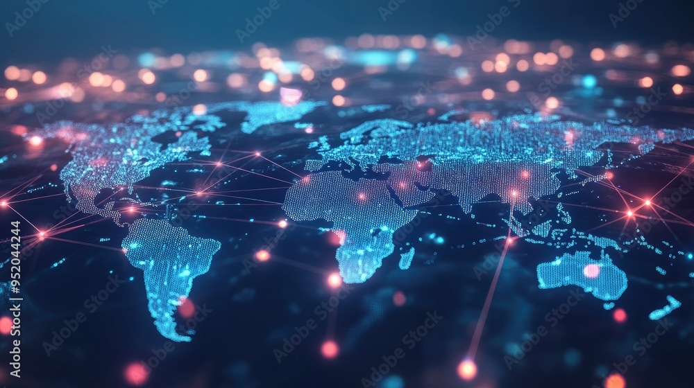 Poster global network connections web technology concept with interactive interface. display of interconnec