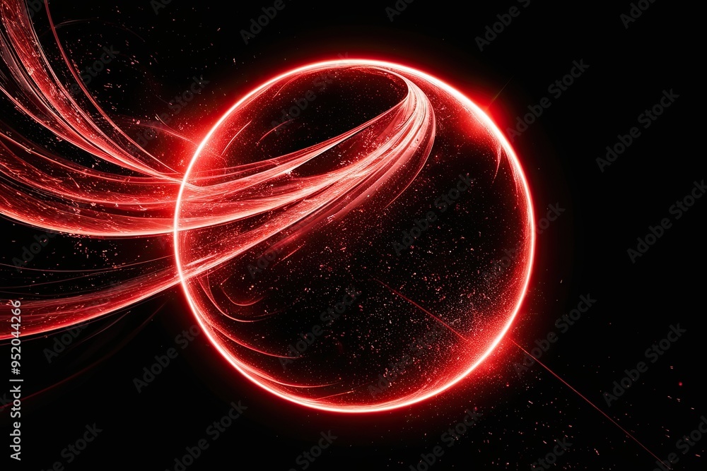 Poster red abstract circle with particle effects and glowing swirl on dark background