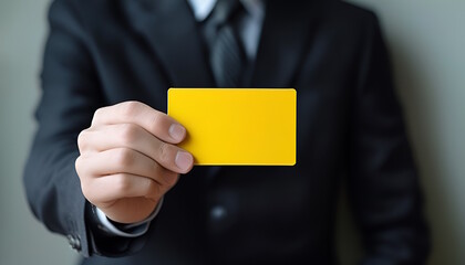 An individual in a business suit holding out a yellow card with his right hand