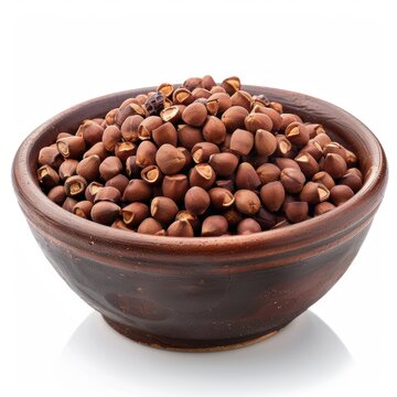 Medium shot of bowl of Dried Marcona almonds, isolated on a white background, 