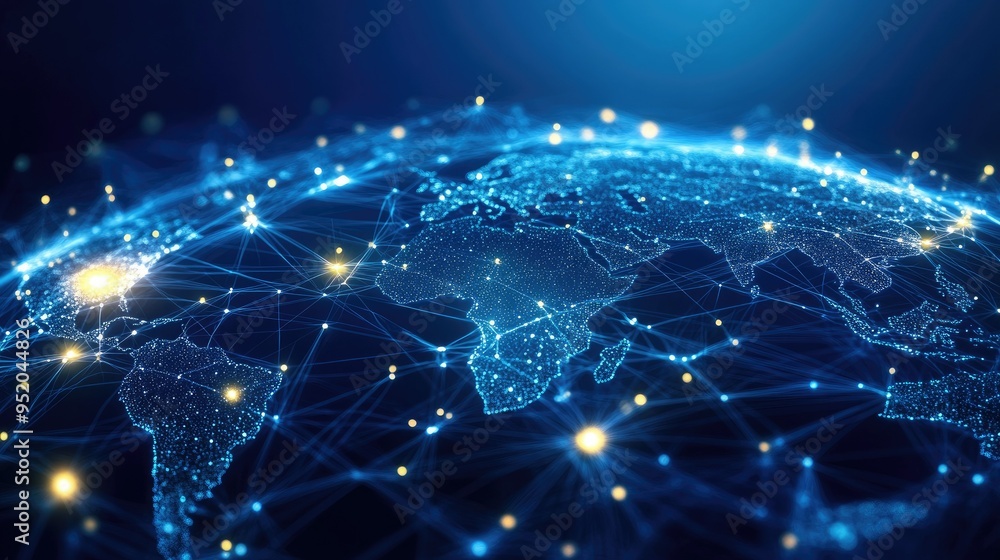 Poster interface showing global technology connections with a web of interconnected nodes and data. visuali