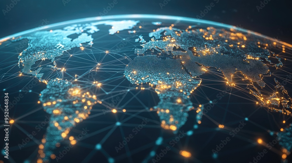 Poster interface showing global technology connections with a web of interconnected nodes and data. visuali