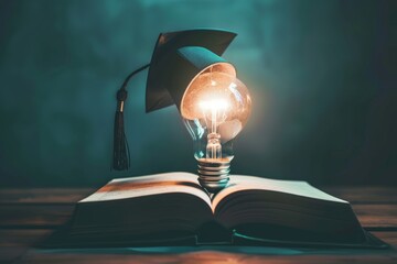 Illuminated light bulb wearing a graduation cap sits on an open book, symbolizing the interplay between knowledge, creativity, and academic achievement.