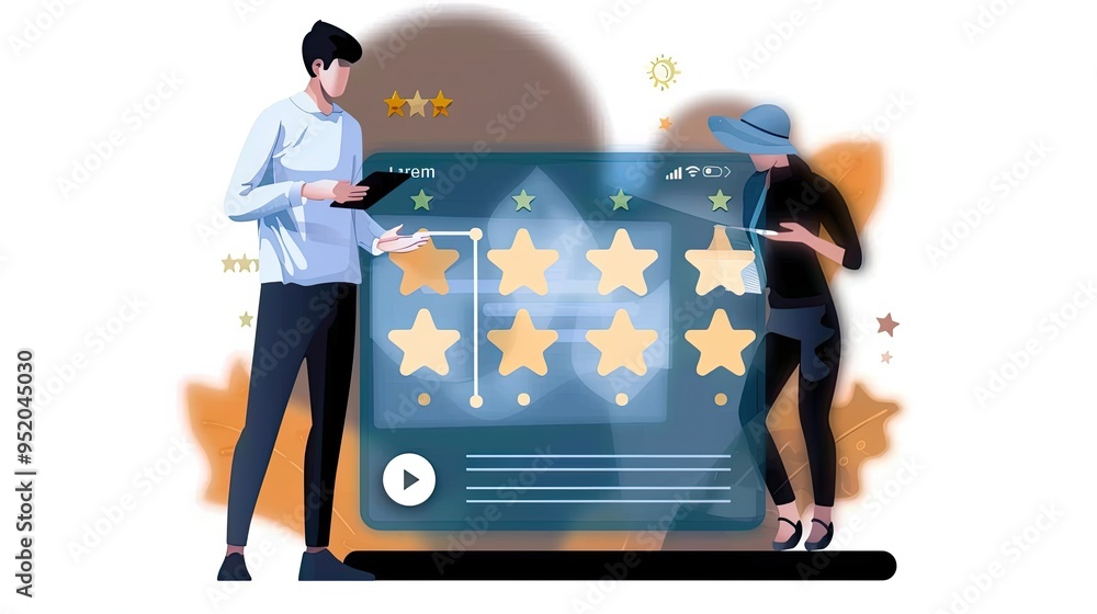 Poster two individuals interacting with a digital rating interface displaying stars.