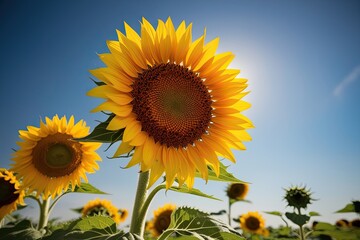 Fototapeta premium Radiant sunflower blooming under clear summer skies