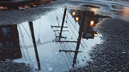 Power lines reflected in a puddle after rain, with the wires and poles distorted in the water, creating a unique and artistic view of urban life.