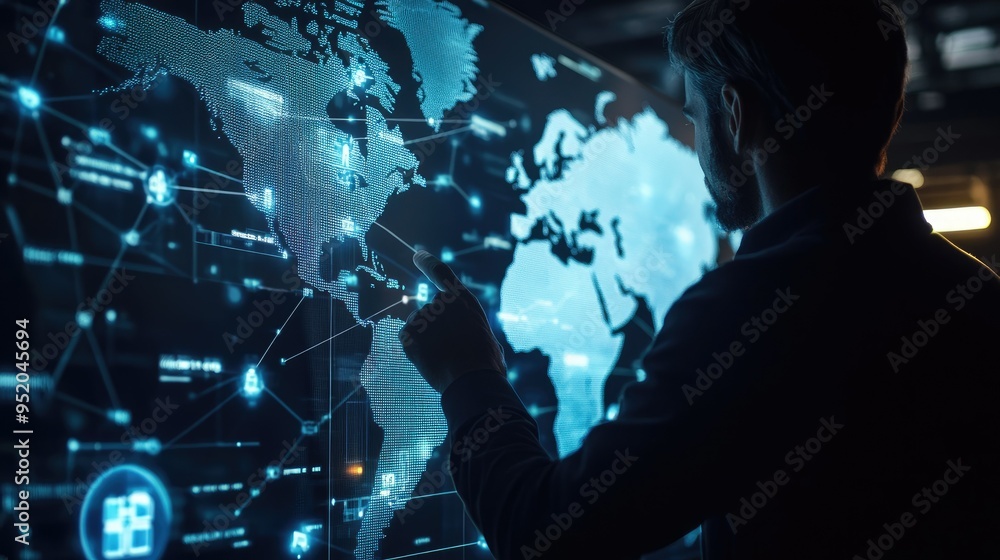 Poster professional using a virtual touchscreen displaying a global logistics network map. technology icons