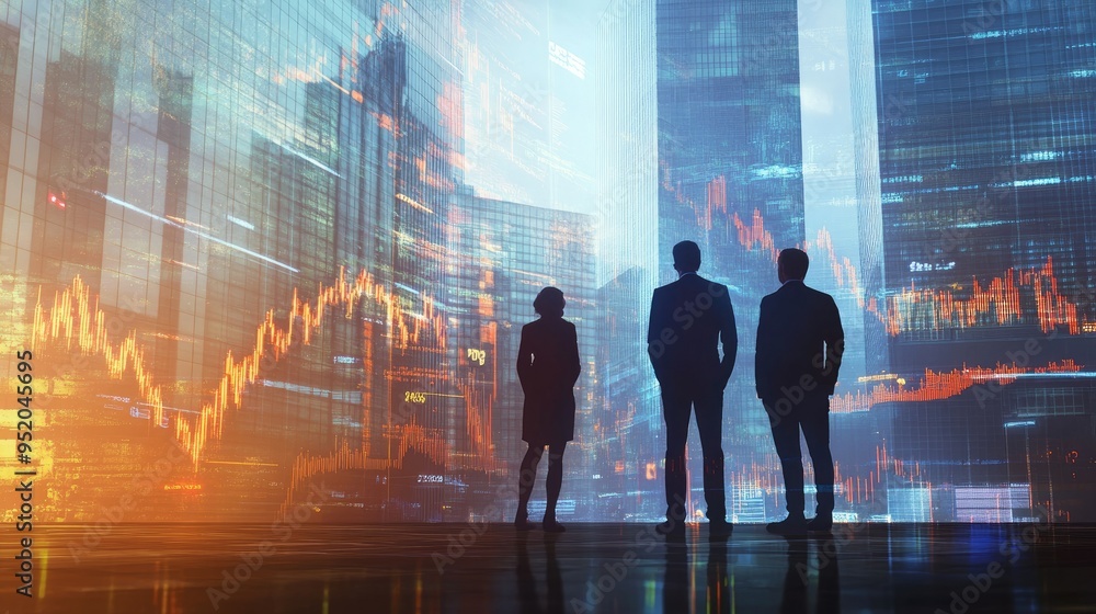 Poster professionals standing in front of a city backdrop with a semi-transparent forex chart overlay. visu