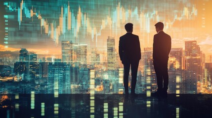 Professionals standing in front of a city backdrop with a semi-transparent forex chart overlay. Visual concept combining teamwork and financial trading in a modern urban setting.