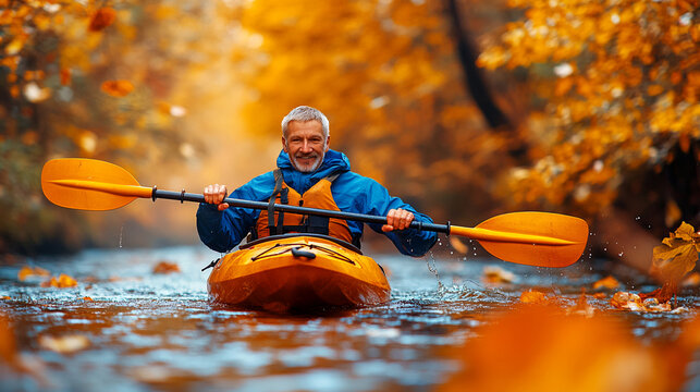 Elderly man kayaking peacefully through a scenic autumn forest, surrounded by vibrant fall colors and calm river waters. Healthy active lifestyle.