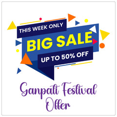 Ganpati Festival Offer: White background, blue yellow orange shapes up to 50 off Big Sale