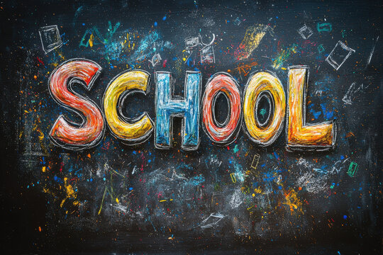 Pizarra negra de colegio con la inscripci&oacute;n school , rodeada de dibujos con diferentes formas y colores