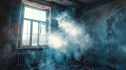 Fototapeta premium Smoke seeping through the cracks of an old, abandoned house, creating an eerie, haunted atmosphere, perfect for a horror or mystery theme.
