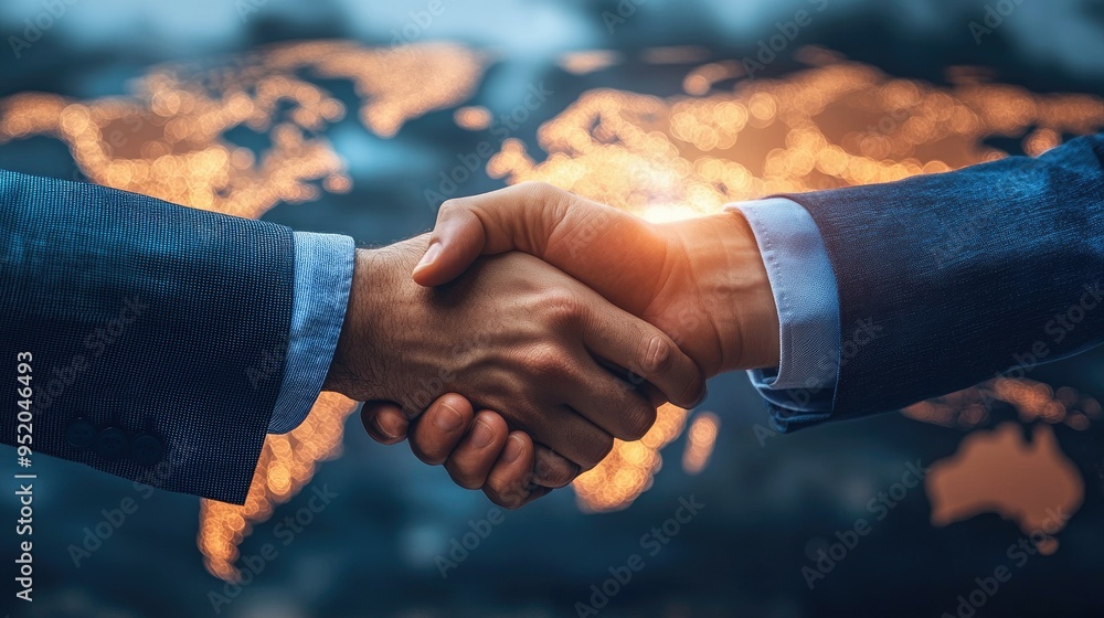Poster teamwork in smart logistics with a handshake representing a successful investment deal. global distr