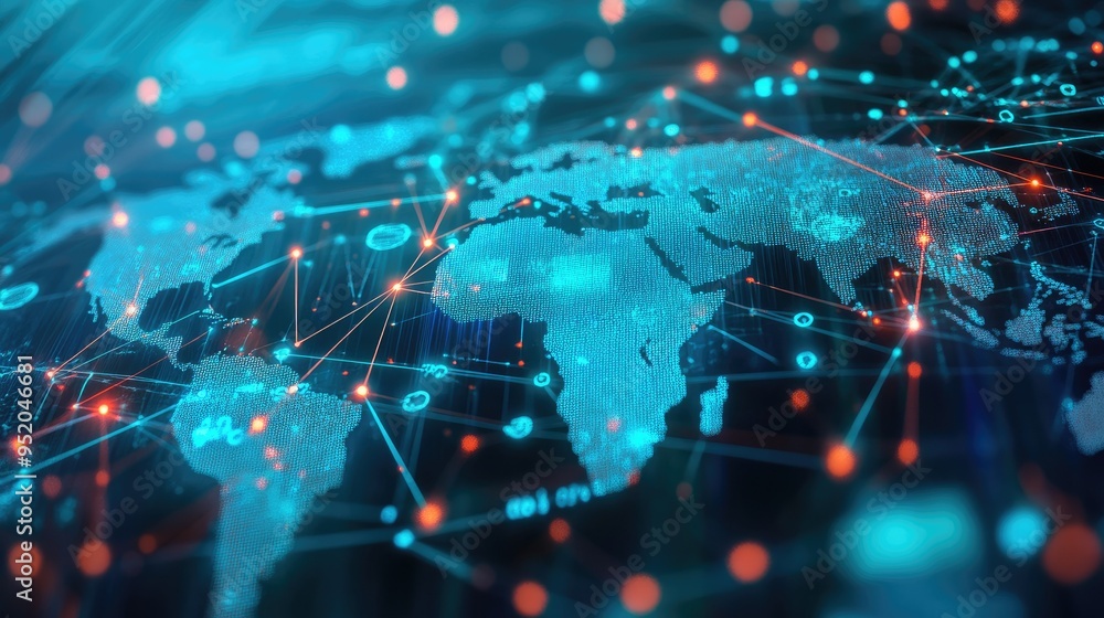 Poster web technology connections concept with a global map and interconnected network nodes. digital inter