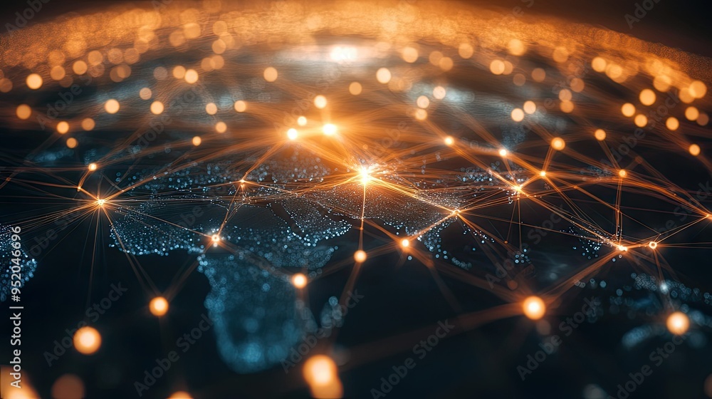 Poster web technology connections concept with a global map and interconnected network nodes. digital inter
