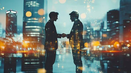 Fototapeta premium Two young professionals engaged in a handshake with a double exposure of a modern cityscape in the background. Futuristic elements and city lights reflect teamwork and progress. -